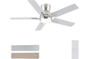 Sevenine 42 Inch Brushed Nickel Flush Mount Ceiling Fans with Lights and Remote, Low Profile Nickel Ceiling Fans for Bedroom Living Room Patio Porch, Quiet 6 Speed Reversible DC Motor, 3CCT, Dimmable