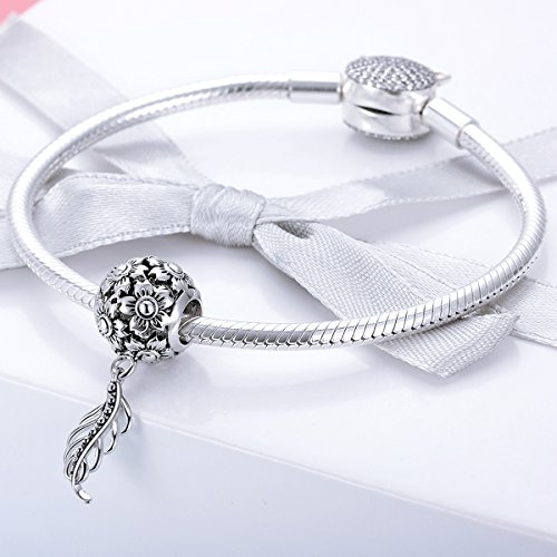 BAMOER Daisy Flower Charm 925 Sterling Silver Daisy Feather Dangle Pendant Charm for DIY Snake Chain Bracelet Women Gift - Thumbnail 2