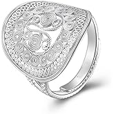 Dtja Boho Oval Filigree Statement Ring for Women Silver Plated Adjustable Expandable Open Wrap Finger Rings Comfort Fit Bohemian Indian Tribal Style Wedding Festival Holiday Jewelry Gift