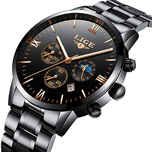Watches Men Luxury Brand LIGE Moon Phase Waterproof Sport Analog Quartz Watch Men Stainless Steel Black Wristwatch +Gift Box
