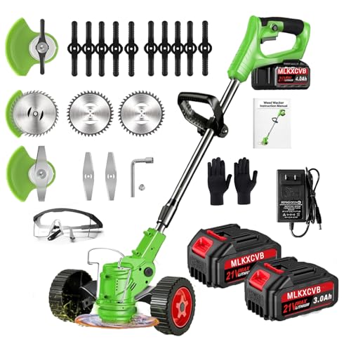Electric Weed Wacker Battery Powered,Cordless Weed Eater with Wheels | 3-in-1 Itoolmax Grass Trimmer & Stringless Brush Cutter with 3 Types Blades and 2 Pack 4.0 Ah Batteries for Yard Lawn
