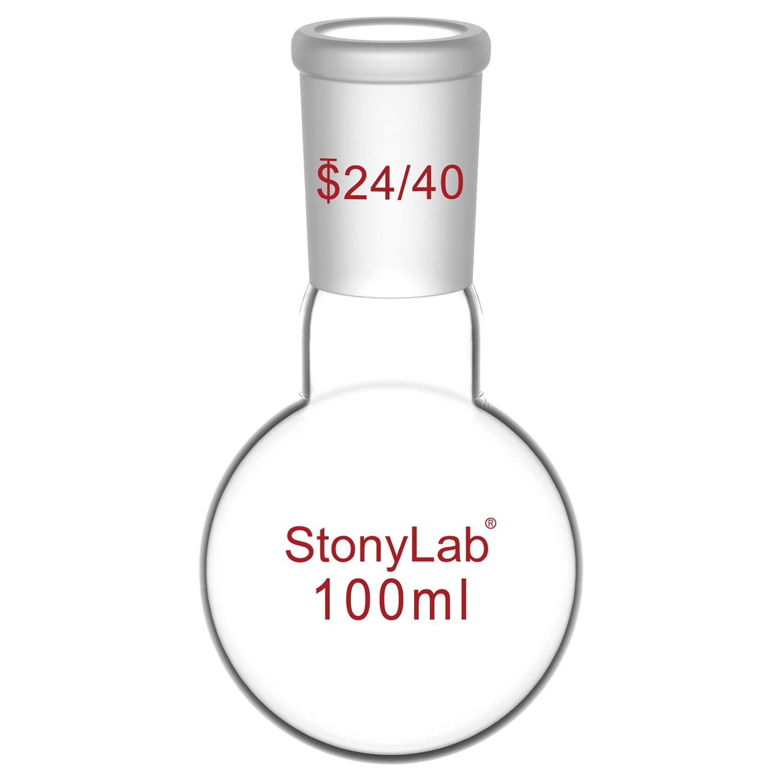 StonyLab Glass 100ml Short Neck Round Bottom Flask, Borosilicate Glass Single Neck Heavy Wall Flask RBF with 24/40 Standard Taper Outer Joint, 100ml