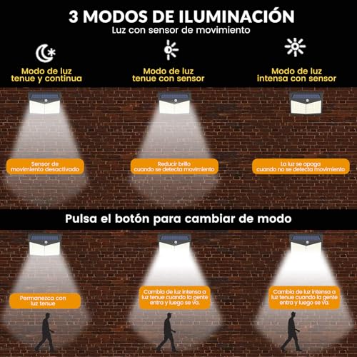 LONEASY Luces Solares, 2 Paquetes Luz Solar Exterior 208 LED / 3 Modos 270 ° Lámpara Solar Exterior IP65 Impermeable Iluminación Exterior con Sensor de Movimiento para Jardín, Patio, Terraza, Inicio