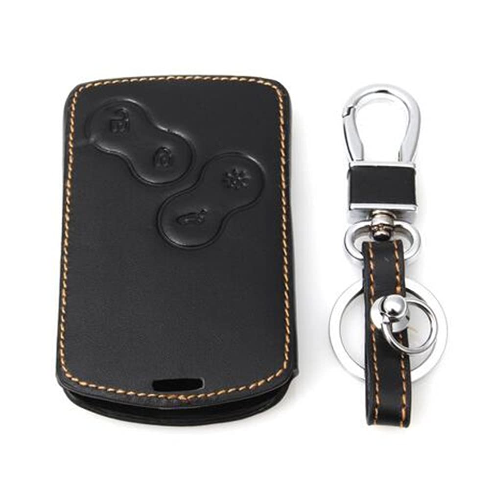 Happyit Leather Car Smart Key Cover Case Keychain for Renault Clio Scenic Megane Duster Sandero Captur Twingo Koleos 4 Buttons Remote Control (Brown line)