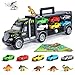 Veken Transport Car Carrier Truck Toy with 6 Dinosaur Toys, 5 Racing Cars, 1 Helicopter, 1 Baby Play Mat and 1 Dice for Board Game, Vehicle Playsets Gift for Ages 3, 4 and 5+ Boys & Girls