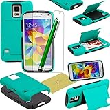 Fulland Hybrid Armor Silicone Card Holder Kickstand Case with Stylus Pen and Screen Protector for Samsung Galaxy S5 - Aqua Green