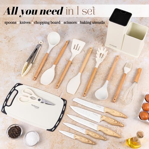 Cooking Utensils Set with Chopping Board – Knife Set with Block – Heat Resistant Silicone Utensils with Wooden Handle, Spoons, Ladles & Spatula – Kitchen Tools & Accessories – 17pcs, Cream – by Nuovva