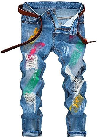 Taylor Heart Slim;Handsome Men's Distressed Moto Biker Jeans Straight Slim Fit Denim Pants - Above Ankle Length Blue+paintUS W30=Tag31(Asian Size)
