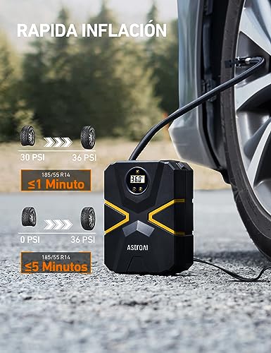 AstroAI Compresor para neumáticos de coche, bomba de aire de 10,3 bar, 12 V CC, con pantalla LCD en tiempo real, presión de los neumáticos preestablecida, desconexión automática, compresor de aire