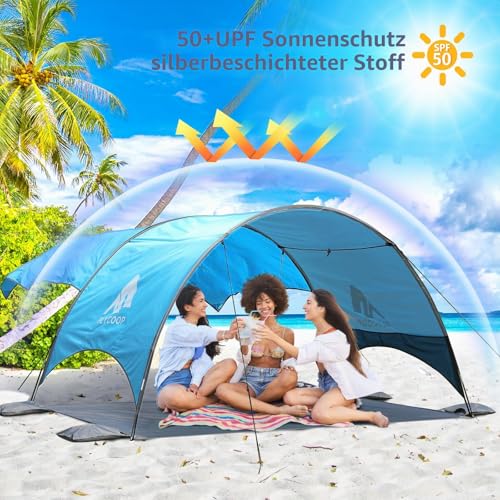 Beach Shelter with UV Protection UPF 50+ - Portable Beach Canopy & Sun Protection for Beach, 360° Ventilation, 4 Sandbags, Double Pockets, Pegs & Ropes (270 x 165 x 158 cm + 190 x 250 cm)