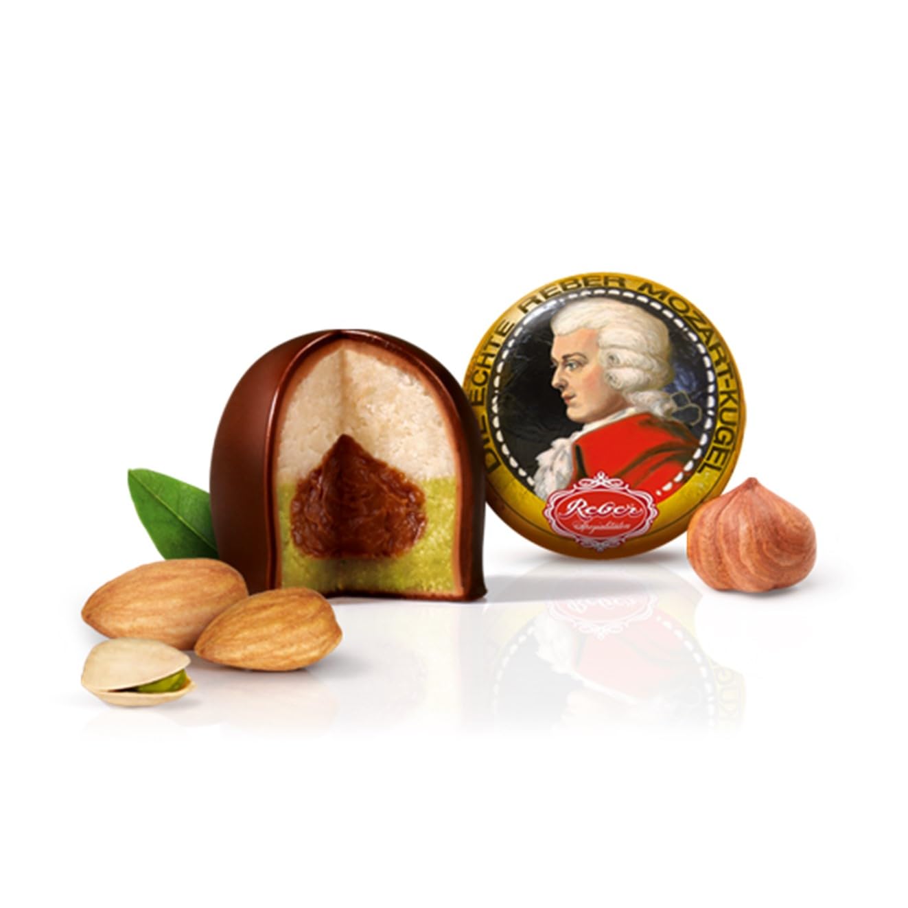 Reber, Mozart-Kugeln Barock, 6er Packung, Mozart-Kugeln aus Zartbitter-Schokolade, Gefüllt mit Pistazien-Marzipan, Mandeln und Haselnuss-Nougat, 120g (6 Mozart-Kugeln) 2