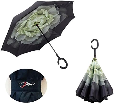 JMishel - Cute Double Layer Inverted Reverse Umbrella - 100% Waterproof And Windproof Reversible Sunbrella with Reversed Folding for Car Use, Comes with C-Shaped Handle for Hands-Free Use