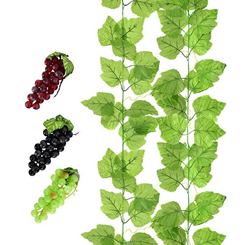 YEDREAM 2 PCS Artificial Grape Vines with 3 Strings Grapes, Each 7.7 Feet Fake Foliage Hanging Plant with 66 Pieces Leaves for Wedding Home Indoor Outdoors Party Garden Wall Decoration(Large Leaves)