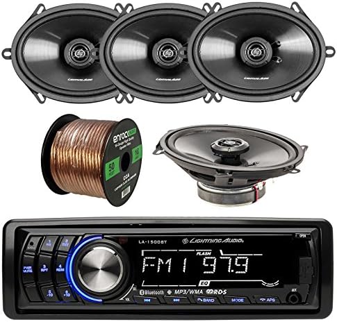 Lightning Audio by Rockford Fosgate LA1500BT MP3 Bluetooth Stereo Receiver Player Bundle Combo With 4x 5x7-Inch 3-Way Full Range Black Car Coaxial Speakers + Enrock 50 Foot 16 Gauge Speaker Wire