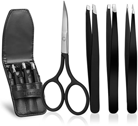 Eyebrow Scissors Tweezers Set, Teamkio Eyelash Clip Ingrown Hair Nose Hair Face Hair Removal trimmer, Stainless Steel Point Slant Flat Tip Beauty Tool Kit with Leather PU Bag