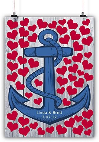 Personalized Wedding Guest Book Alternative Nautical Anchor Customized Poster, Print, Framed or Canvas, 100-200 Signatures Rustic wood background