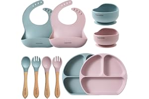 アンジュスマイル Baby Feeding Essentials Silicone Ange Smile 12 Set Bib, Baby Bowl, Suction Plate, Spoon, Fork Eating Utensils for 6+ Months Kids Toddler Kawaii (Blue/Pink)