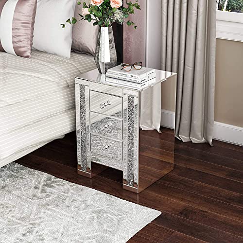 JAXPETY Mirrored 3 Drawer Nightstand with Sparkly Crushed Crystal