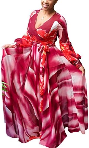 Eleganlife Women Sexy Printed V Neck Long Sleeve Drawstring Cocktail Party Long Maxi Dress XLarge