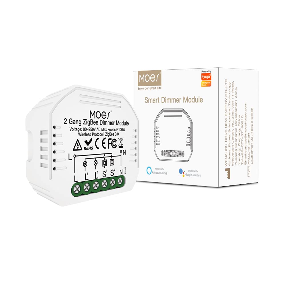 MOES Mini DIY ZigBee Smart Dimmer Switch Module, 2 Gang, Needs Neutral Line, Smart Life Tuya App, Wireless Remote Control, Alexa Google Home Voice Control, Requires ZigBee Hub