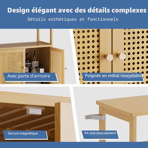 HITNET Rattan Storage Cabinet, Bathroom Cabinet with 2 Doors, Bamboo Free Standing Side Organizer for Living Room, Kitchen, Entryway, Natural