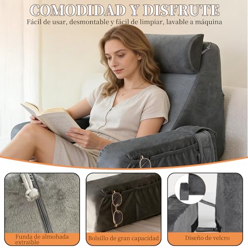OWHDJH Respaldo para Cama con Reposabrazos y Bolsillos, Almohada de Lectura, Funda Lavable, Almohada para Espalda de Soporte Lumbar para Leer, Relajarse, Mirar Televisión, Jugar, para Adultos