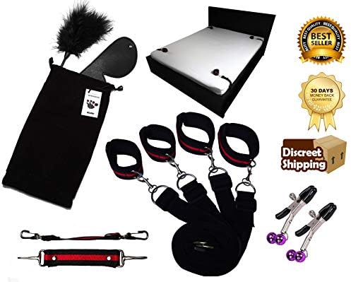DELROW Bed Restraints Set - Including Velvet Draw String Bag, Blindfold and Feather Tickler - Adjustable To Fit All Bed Sizes - Strong and Durable Exercise Bands Suitable for Both Men and Women