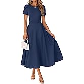 MEROKEETY Women's 2026 Summer Midi Dresses Short Sleeve Crewneck A Line Pleated Wedding Guest Flowy Long Dress with Pockets