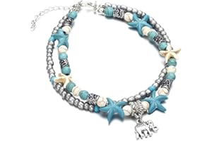 Softones Blue Starfish Turtle Anklet Multilayer Charm Beads Sea Handmade Boho Anklet Foot Jewelry for Women Girl