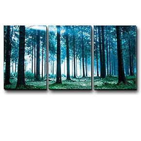 Three Piece Canvas - Teal Tree Forest in a Foggy Morning with Sun Rays Peeking Through on 3 Panels - Canvas Art Home Art - 16x24 inches