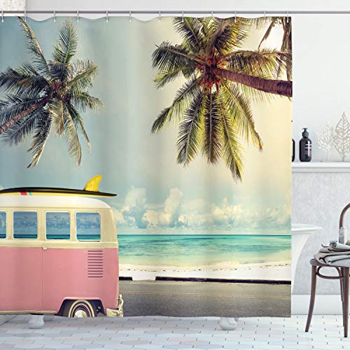 Ambesonne Surf Shower Curtain, Minivan The Beach Retro Inspired Vacation Clouds in Summer Sky Honeymoon Destination, Cloth Fabric Bathroom Decor Set with Hooks, 70" Long, Green Pink