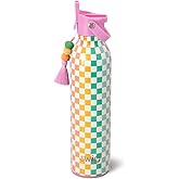 Swig Life 26oz Insulated Water Bottle, Travel Water Bottle with Straw and Lid, Cup Holder Friendly, Stainless Steel (Check Mate)