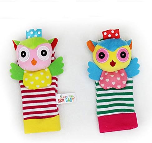 Amazemarket 2 Pcs Infant Newborn Rattle Colorful Animal Toy Shape Wrists Socks Foot Finder Soft Developmental Christmas Gift Improve Baby Hand-eye Coordination Rustled Paper (No original packaging, Owl socks)
