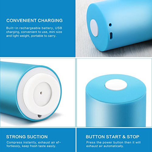 Mini Food Vacuum Sealer, DDSKY Household Preservation Automatic Vacuum Machine USB Rechargeable Vacuum Sealing System with 5 Reusable Packing Bags, Blue