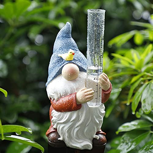 Resin Gnome Rain Gauges, Dwarf Rain Gauge Garden Statue with Plastic Rain Gauge, HandPainted