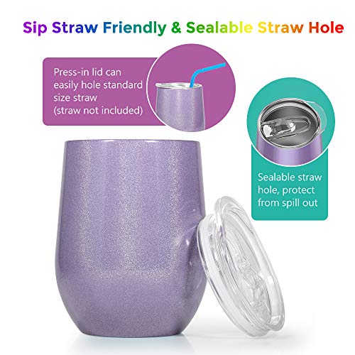 HOMFUL 12 oz Wine Tumbler, Double Wall Insulated Wine Glasses, Stainless Steel Stemless Travel Cup with Sealable Lids Perfect for Wine, Coffee, Drinks, Champagne, Cocktails