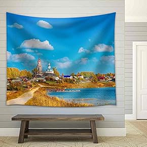 Russian Village Sredneivkino with a Church and Lake - Fabric Wall Tapestry Home Decor - 51x60 inches