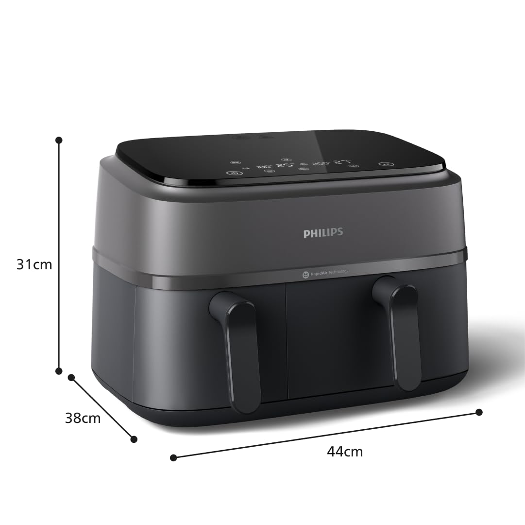 Philips Airfryer Dual Basket 3000 Series Heißluftfritteuse, 9L, 2 Körbe, 2 Gerichte gleichzeitig, RapidAir Plus Technologie, 90% weniger Fett, Energieeffizient, HomeID App (NA350/00) 9