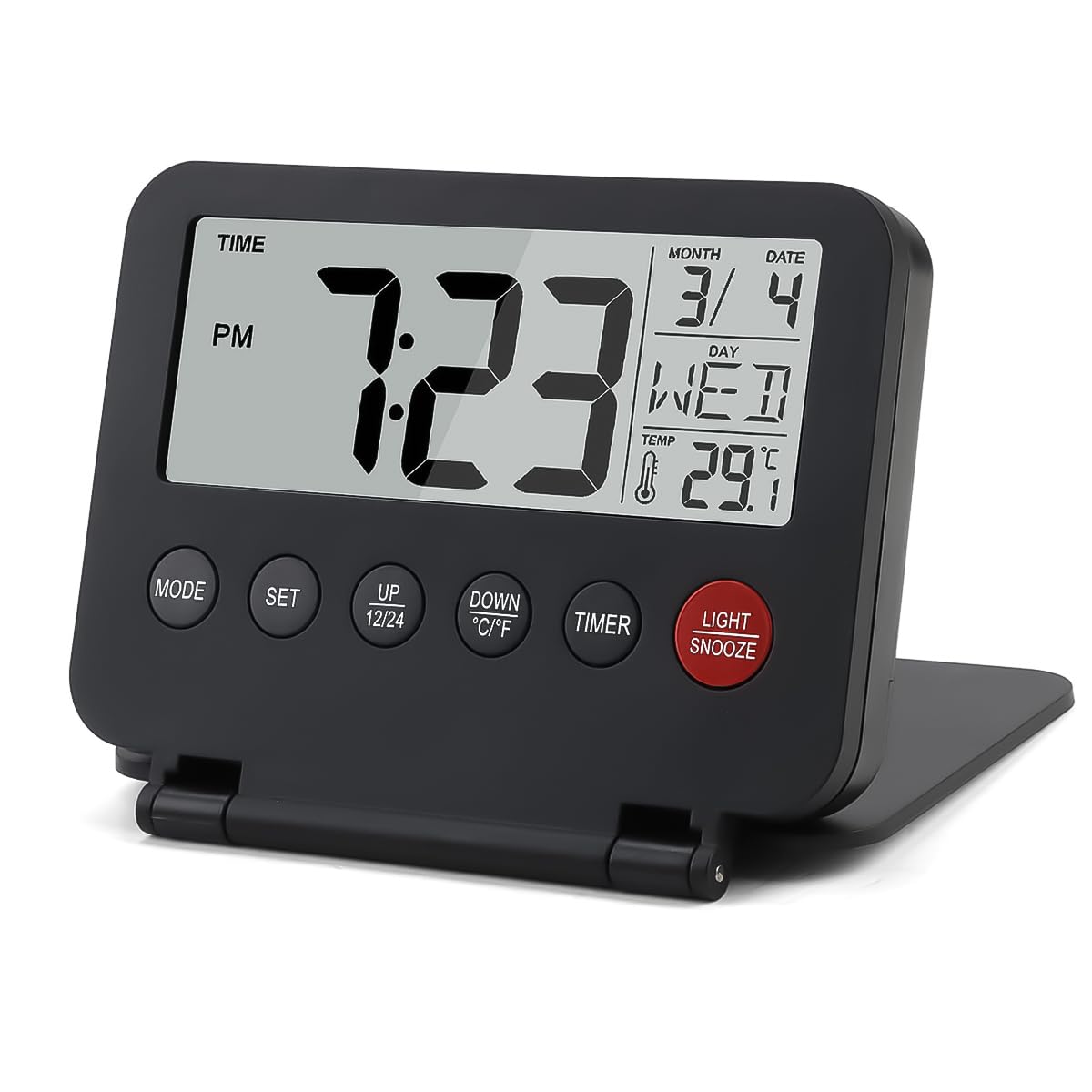 Hoite Digital Travel Alarm Clock Mini Portable Display with Backlight Temperature 12-24H Snooze Black Battery Operated Foldable for Travel Bedroom