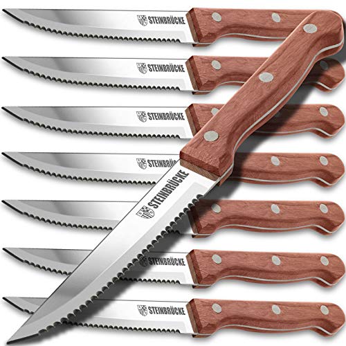 STEINBRÜCKE Steak Knife Set 8 Piece, German Stainless Steel Serrated
