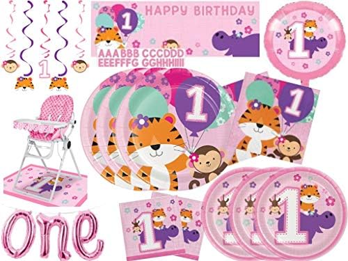 One is Fun Girls 1st Birthday Tiger Monkey & Hippo Zoo Themed Party Supplies Kit - Wild One Disposable Plates & Napkins for 24 | 1st Birthday Girl Decorations, Giant Party Banner, High Chair Decoration Kit, Balloon Banner, Foil Balloon and Dizzy Dangler Decorations (122 Total Pieces)