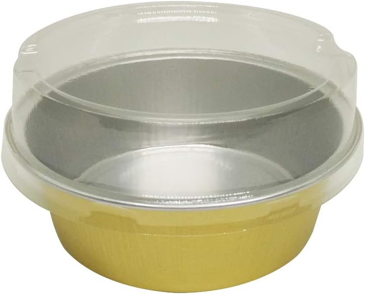 Set of 24, MYStar 3-3/4" Round Shape Non-stick Aluminum Cups, Tarlet Pans, Mini Pie Tins with Lids and Spoons for Muffin, Cupcake & Pudding, 150ml, Gold