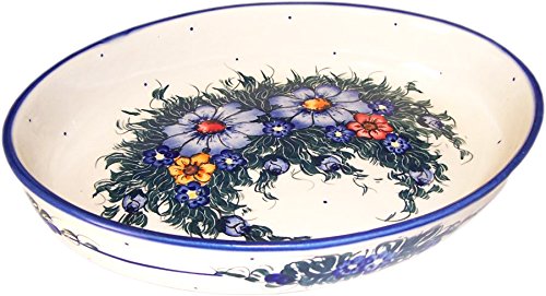 Click Here to See More Images Polish Pottery 12 inch by 8 3/4 inch Oval Baker, Warm Cream with Blue, Orange, and Red Flowers and Leaves Motif - Wild Field