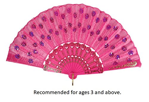 Butterfly Twinkles Girls Dress Up Folding Fans 17 Inch Sequined Fabric Tea Party Hand Held Set of 6 Pink Bright Pink Purple