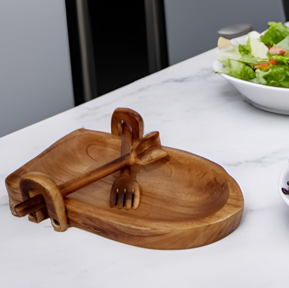 Purpledip Wooden Tray Platter Unique Rowing Boat Design with Fork Spoon for Serving Salad Snacks Cheese (12334)