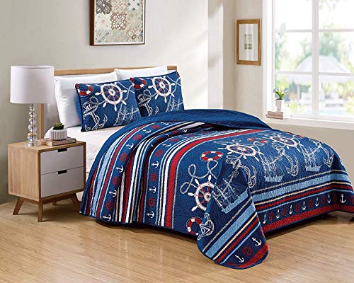 Luxury Home Collection 2 Piece Twin/Twin XL Oversized Quilted Reversible Coverlet Bedspread Bedding Set Coastal Sailing Ships Anchors Blue White Red Striped at Amazon