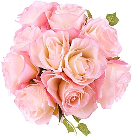 ADolinGo Artificial Flowers Simulation Rose Fake Silk Flowers 12 Heads Bouquet Wedding Decor (Pink)
