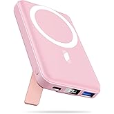 AOGUERBE for Mag-Safe Portable Charger, 10000mAh Magnetic Power Bank 22.5W Fast Charging,Mini Battery Pack Wireless with LED Display&Foldable Stand for iPhone 17/16/15/14/13/12 Series (Rose Pink)
