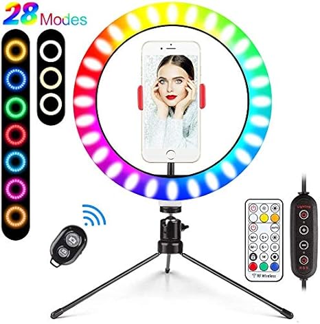 quared aro de luz tripode led de 10 anillo de luz 25 rgb 3 modos de iluminacion 9 brillo ajustable con control remoto inalambrico para selfie