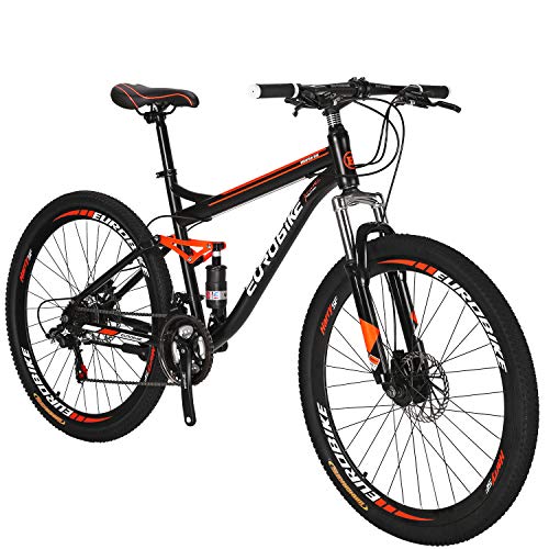 Eurobike Full Suspension Mountain Bike 21 Speed Bicycle 27.5 inches Mens MTB Disc Brakes Orange (Aluminum-Alloy Rims)